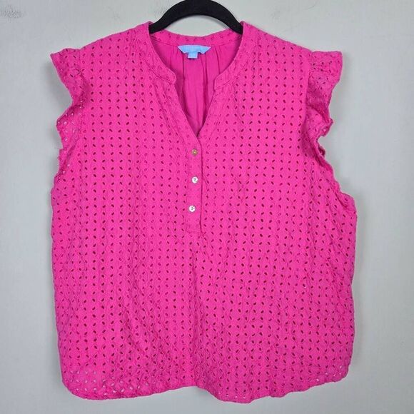Draper James Tops - Draper James Womens Eyelet Ruffle Top Sz XXL Pink Sleeveless Boho Peasant Preppy